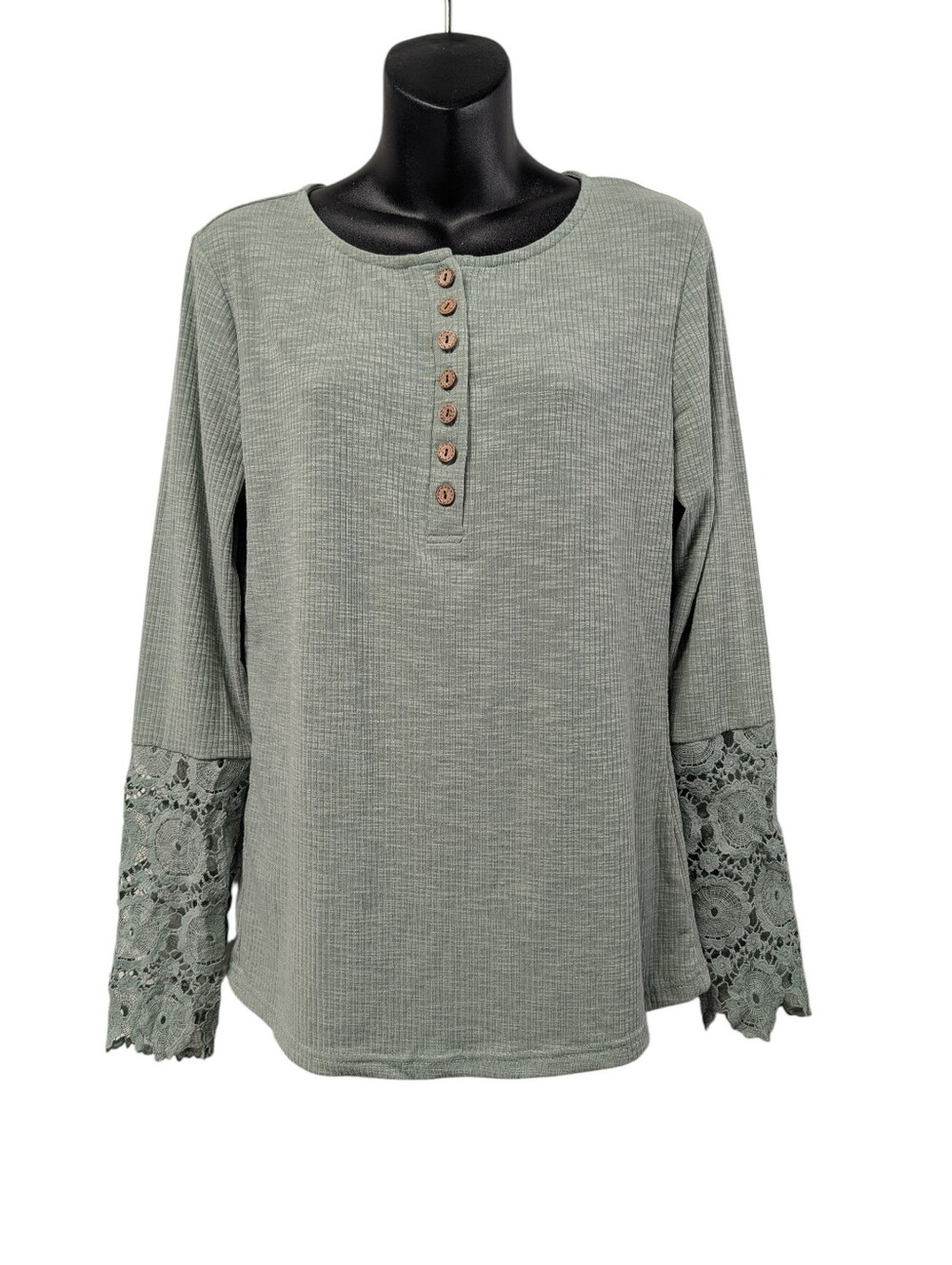 Kancystore Sage Green Ribbed Henley Top Crochet Lace Long Sleeve Blouse Size L